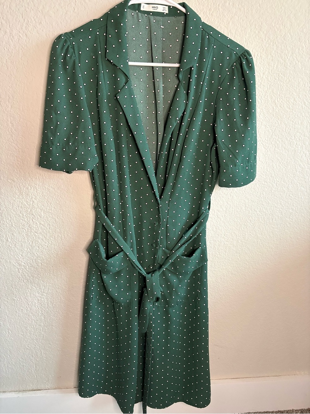 Mango Green Polka Dot Tie-Waist Dress